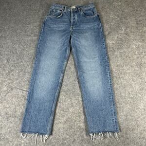 Boyish Jeans Womens 25 Button Fly Straight Leg Raw Hem Medium Wash Denim Stretch